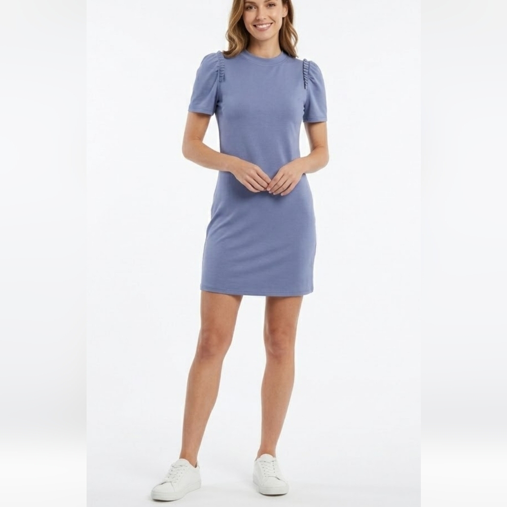 NWT For Cynthia Blue Ruffle Puff Sleeve Modal Blend Shift Dress Small